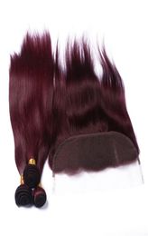 Bundillo de cabello humano rojo de vino tratos con cierre frontal recto 99J Borgoña 13x4 Ear a la oreja Cierre frontal con cabello virgen9027521