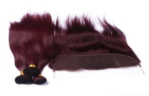 Bundillo de cabello humano de vino Red trata con cierre frontal Retraso 99J Borgoña 13x4 Cierre frontal de encaje de oreja a oreja con cabello virgen23338572