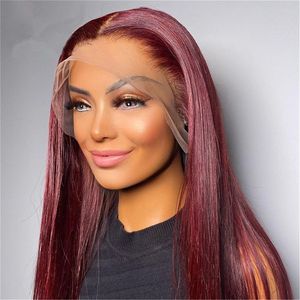 Wijnrood Lange Rechte Zachte 180% Dichtheid 26 Inch Gratis Deel Lijmloze Lace Front Pruik Voor Zwarte Vrouwen Met baby Haar Natuurlijke Haarlijn