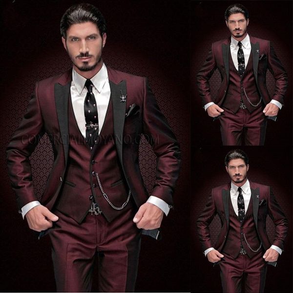 Costume 3 pièces pour hommes rouge vin avec revers en pointe noir Slim Fit Tuxedos Groomsman Tuxedos de mariage Costume de bal formel Veste Pantalon V209y