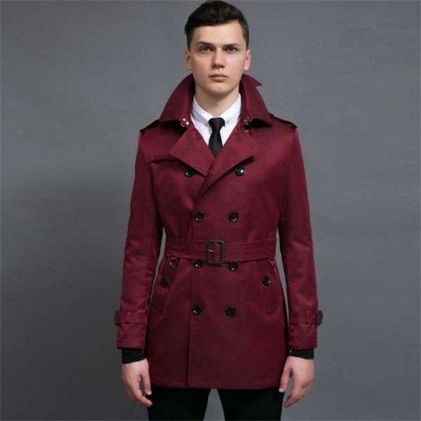 Gabardina de color rojo vino para hombre, abrigo cruzado para hombre, ropa de primavera otoño para hombre, abrigo ajustado de manga larga, diseñador 2021 para hombre
