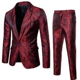 Wijn Rode Nachtclub Paisley Pak (jas + broek) Heren 2018 Mode Enkele Breasted Mens Past Pits Party Bruiloft Tuxedo Blazer 3XL X0909