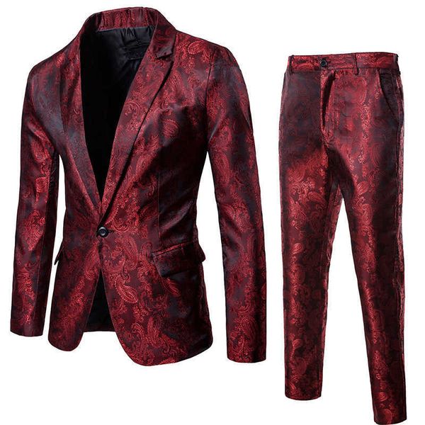 Vin Rouge Discothèque Paisley Costume (Veste + Pantalon) Hommes 2018 Mode Simple Boutonnage Hommes Costumes Stage Party Mariage Tuxedo Blazer 3XL X0909