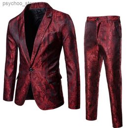 Vin rouge Paisley costume (veste + pantalon) hommes discothèque mode blazers simple boutonnage hommes costumes scène fête mariage smoking blazer Q230828