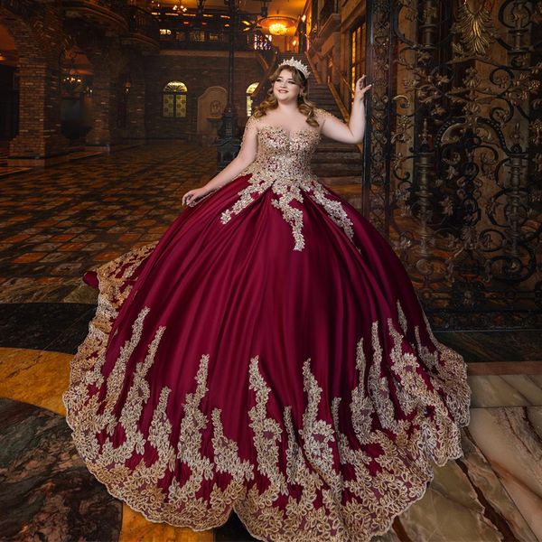 Vin Red Quinceanera Robes de l'épaule appliques en or dentelle Crystal Sweet 16 Robe Occasion Prom Party Vestidos 15 de Anos
