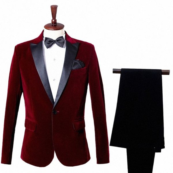 Vin rouge Slim Fit col châle Veet costume hommes fête mariage smoking costumes hommes 2 pièces costume veste + pantalon hommes Terno Masculino Q3rf #