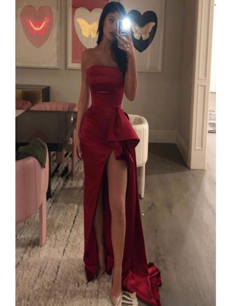 Vino rojo dividido fiesta formal sirena vestidos largos de fiesta bata 2021 vestidos de noche de satén sin tirantes para mujer vestidos arabes fiesta4307251