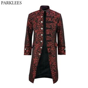 Vin rouge col montant broderie longue blazer hommes vintage médiéval gothique blazer veste mâle fête bal manteau cosplay smoking manteaux 210522