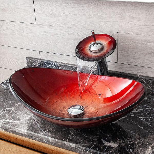 Vino de vidrio templado rojo fregadero de baño de hotel Washbasin Washbasin Balcón simple Balcón de inodoro Basina con accesorios