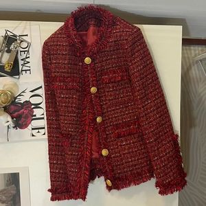 Vin rouge Tweed veste femmes printemps automne Blazer à la mode Vintage coréen mince costume manteau droit simple boutonnage hauts T1560 240117