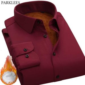 Wijnrood Twill Winter Warm Shirt Mannelijk Merk Plus Fleece Mens Jurk Shirts Slim Fit Business Casual Office Wear Chemise 210522