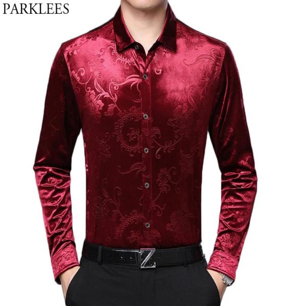 Camisas de vestir florales de terciopelo rojo vino Camisa de terciopelo suave de manga larga ajustada para hombre Camisa informal con botones Chemise9768276