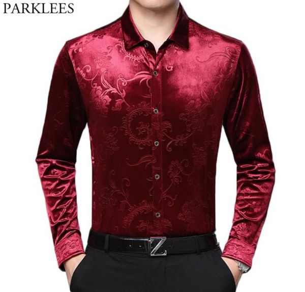 Camisas de vestir florales de terciopelo rojo vino Camisa de terciopelo suave de manga larga ajustada para hombre Camisa informal con botones Chemise6535897