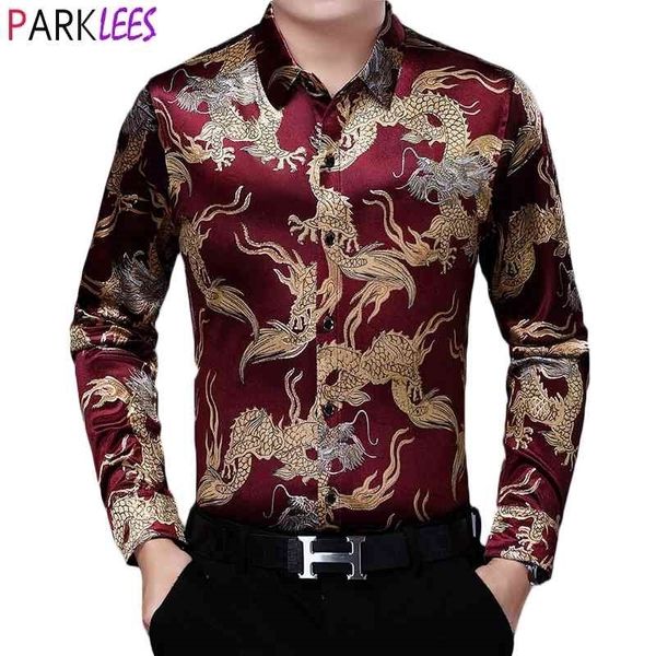 Vino rojo terciopelo camisa hombres otoño oro dragón impresión para hombre vestido de terciopelo camisas casual botón abajo camisa masculina camisa hombre 210522