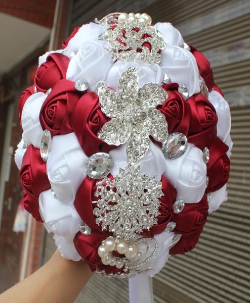 Vino Rojo Blanco Ramo De Boda Artificial Dulce 15 Quinceañera Ramo Cinta De Seda De Cristal Nuevo Buque De Noiva 37 Colores W228E 8312157