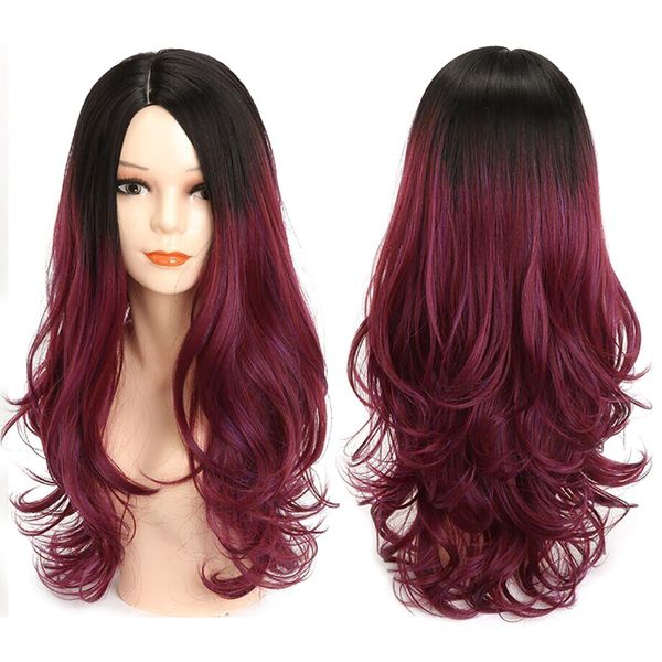 Vin Rouge Perruques Cheveux Longs Bouclés Femmes Mode Perruque Usine En Gros