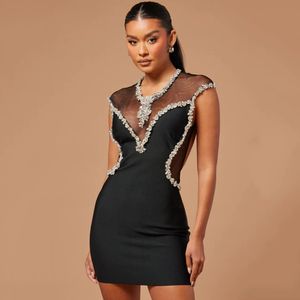 Rhinestone sexy femme Lady Mini Bodycon Bandage Robes Gauze Voir à travers la fête de la fête Club Prom Prom Ressorse HL5321