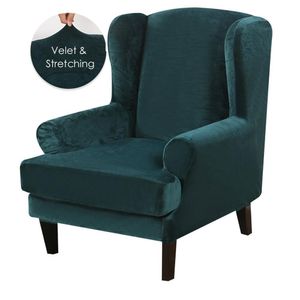 Wing Back Chair Cover Velvet Spandex Stretch Slipcovers pour chaises de bureau élégant 2 pièces ensemble avec bande élastique 201119
