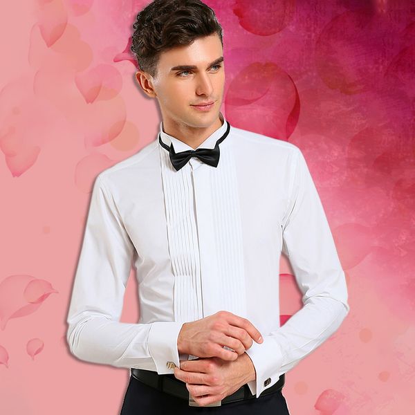 Wing Tip Collar Tuxedo Shirt Manches Longues Homme French Cuff Button Wedding Dress Shirts Wingtip White Black Pleat with Bowtie 220621