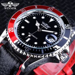 Gagnant 2018 Mode Noir Rouge Sport Montres Calendrier Affichage Automatique Auto-vent Montres pour Hommes Lumineux Mains Véritable Cuir208E