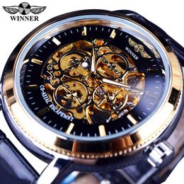 Winnaar 4 Ring Designer Transparent Case Back Black Golden Skeleton Mens Horloges Top Merk Mechanische Horloge Heren Horloge