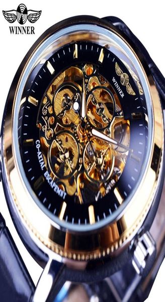 Gagnant 4 anneau concepteur transparent boîtier arrière Black Golden Skeleton Mens Watchs Top Brand Luxury Mécanique montre Wristwatch2468407