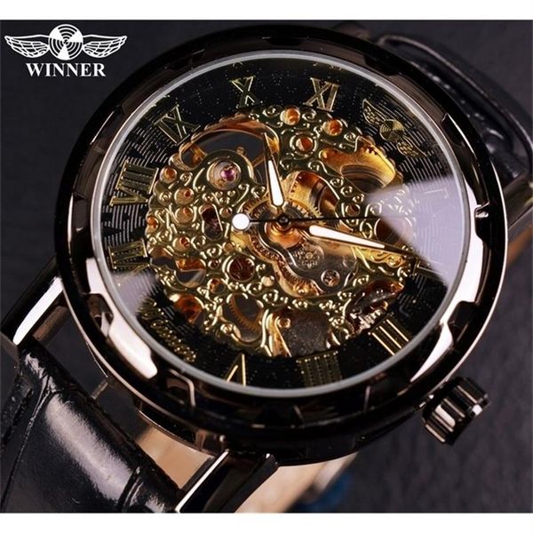 Gagnant noir or mâle horloge hommes Relog squelette s montres Top marque de luxe Montre en cuir montre-bracelet Montre mécanique 2204233155