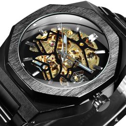 Winnaar Black Gold Skeleton Mechanische horloges voor mannen Fashion onregelmatig automatisch horloge luxe merk roestvrijstalen riem 240428