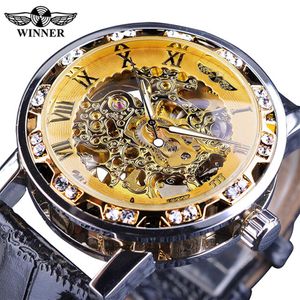 Gagnant Noir Doré Rétro Mains Lumineuses Mode Diamant Affichage Hommes Mécanique Squelette Montres Top Marque De Luxe Horloge Wat248O