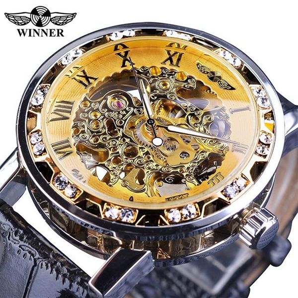 Winner Noir Doré Rétro Mains Lumineuses Mode Diamant Affichage Hommes Mécanique Squelette Montres Top Marque De Luxe Horloge Wat241T