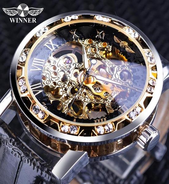 Gagnant noir Golden rétro Luminous Hands Fashion Diamond Display Mens Mécanique squelette Montres de poignet Top Brand Clock 329L8316001