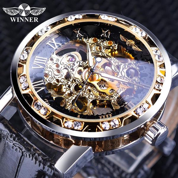 Gagnant noir doré rétro aiguilles lumineuses mode diamant affichage hommes mécanique squelette montres Top marque de luxe Clock195r