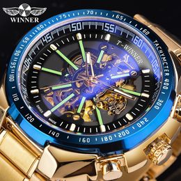 Winner Blue Light Glass Nueva moda para hombre Relojes Negro Dorado Acero inoxidable Impermeable Deporte Reloj automático Reloj luminoso