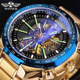 Ganador de cristal de luz azul nueva moda relojes para hombre negro dorado acero inoxidable impermeable deporte reloj automático reloj luminoso 210407