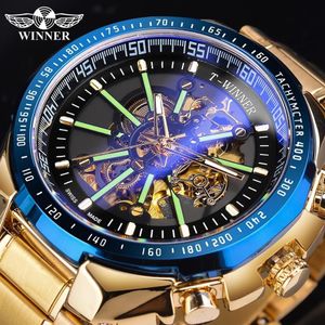 Winnaar Blauw Licht Glas Nieuwe Mode Heren Horloges Zwart Gouden Roestvrij Staal Waterdicht Sport Automatisch Horloge Lichtgevende Clock266p