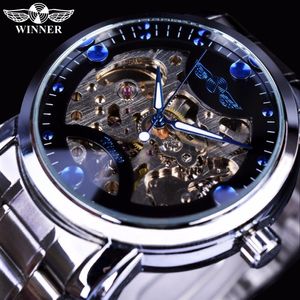 Winnaar Blauwe Oceaan Fashion Casual Designer Rvs Mannen Skeleton Horloge Heren Horloges Topmerk Luxe Mechanische Handopwinding Wa294E