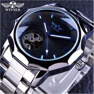 Gagnant Bleu Océan Géométrie Conception En Acier Inoxydable De Luxe Petit Cadran Squelette Hommes Montres Top Marque De Luxe Automatique Montre-Bracelet206D