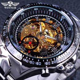 Winnaar Klassieke Serie Gouden Beweging Stalen Heren Skeleton Man Polshorloge Mechanisch Topmerk Luxe Mode Automatische Horloges353m
