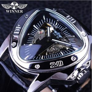 Winnaar Creative Racing Design Triangle Design Silver Skeleton Dial Mens Watch Top Brae Gear Bezel Horloges Heren Merk Luxe Automatische Horloges