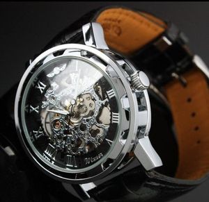 Winnaar Fashion Faux Leather Mechanical Watch Men039S Decoratie Kijk Black Band Steampunk Swiss Skeleton Man Watches Mechanica7095904