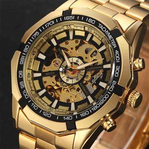 Winnaar Mode Mannen Automatische Mechanische Horloge Heren Luxe Goud Rvs Band Polshorloge Skeleton Dial Casual Mannelijk Relogio 210517