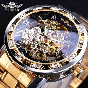 Winnaar gouden horloges klassieke klok Roman analoge mannelijke skelet klokjes mechanische roestvrij stalen band lichtgevende horloge 210804