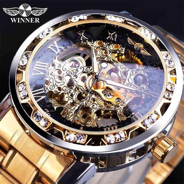 Gagnant Golden Montres Classic Horloge Analogique Romaine Hommes Squelette Horlogerie Horlogerie Mécanique En Acier Inoxydable Steel Lumineuse Montre 210804