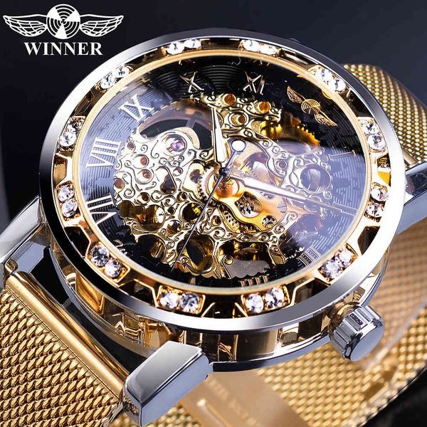 Gagnant montres dorées hommes squelette montre mécanique maille de cristal mince bande en acier inoxydable marque main vent montre-bracelet