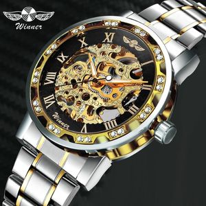Gagnant creux mécanique hommes montres haut de gamme de luxe glacé cristal mode Punk acier montre-bracelet pour homme horloge 201113266N