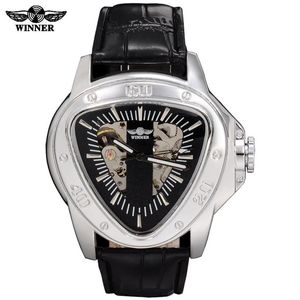 Vainqueur Hommes Triangle Automatique Auto-vent Mécanique Montres Hommes Sport Mode Militaire En Cuir Bande Squelette Mécanique Montres S245O