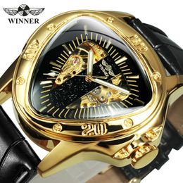 WINNER Montre Squelette Triangle Militaire pour Hommes Lumineux Sports de Luxe Montres Mécaniques Automatiques Bracelet en Acier Inoxydable Or 240123