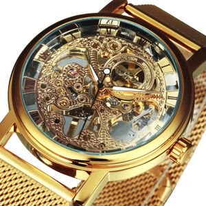 Winnaar Official Horloges Ultra Dunne Golden Mesh Strap Top Merk Luxe Klassiek Skelet Mechanisch Unisex Polshorloge 201123