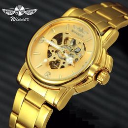 Winnaar Officiële luxe dames Kijkt automatisch mechanisch Golden Heart Skeleton Dial Stainless Steel Band Elegant Ladies Watch 201353W