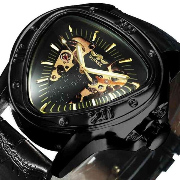 WINNER-relojes oficiales para hombre, reloj mecánico automático para hombre, marca superior, esqueleto de lujo, triángulo, dorado, negro, 2103292800
